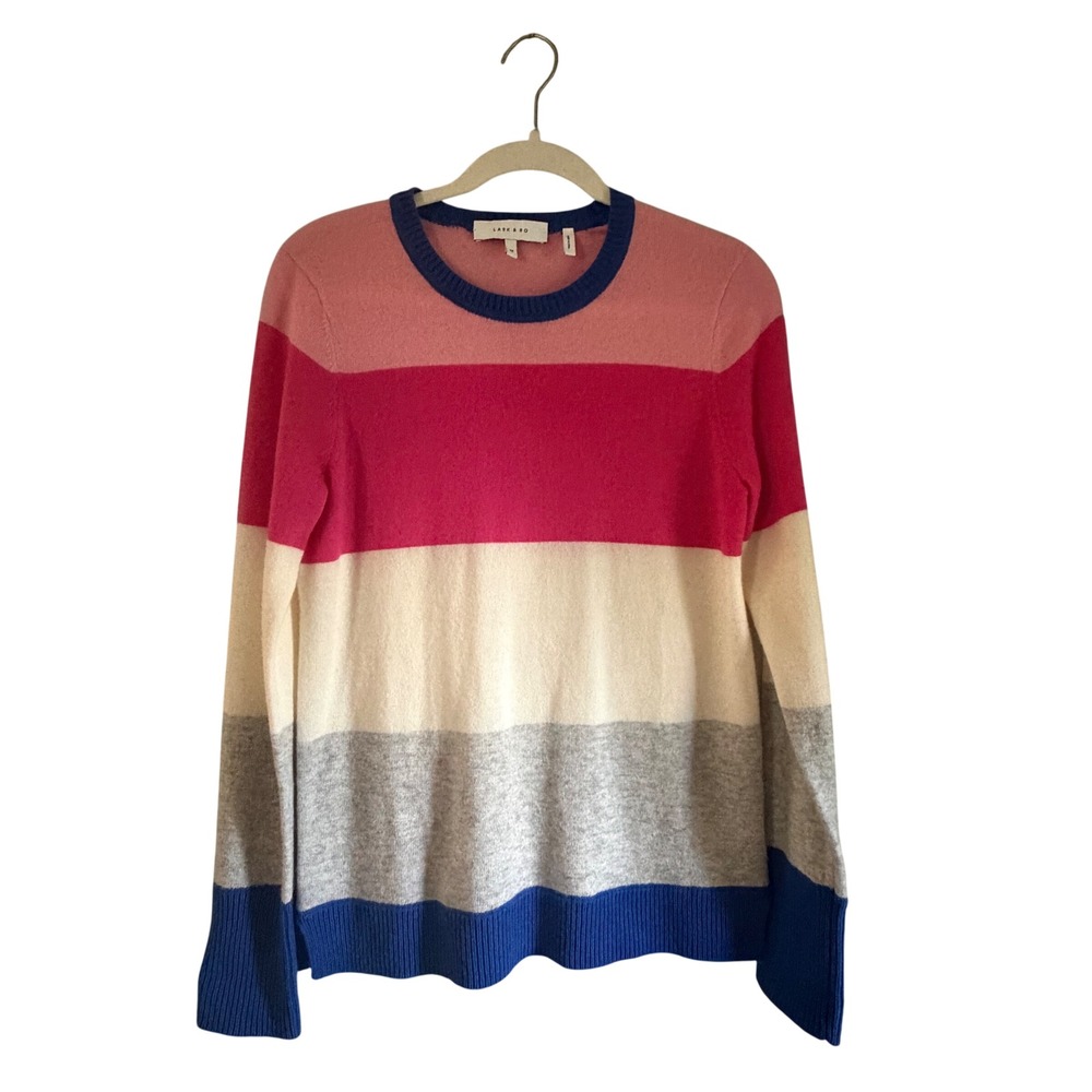 Lark & Ro Womens 100% Cashmere Striped Crewneck Sweater Pink Blue Multi Medium